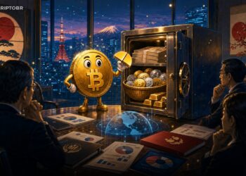 Ilustração editorial sobre fundo de pensão japonês alocando pequena fatia em cripto