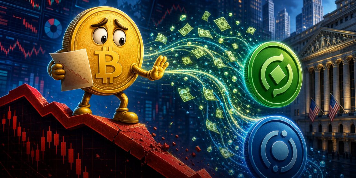 Bitcoin em queda com fluxo para stablecoins USDT e USDC