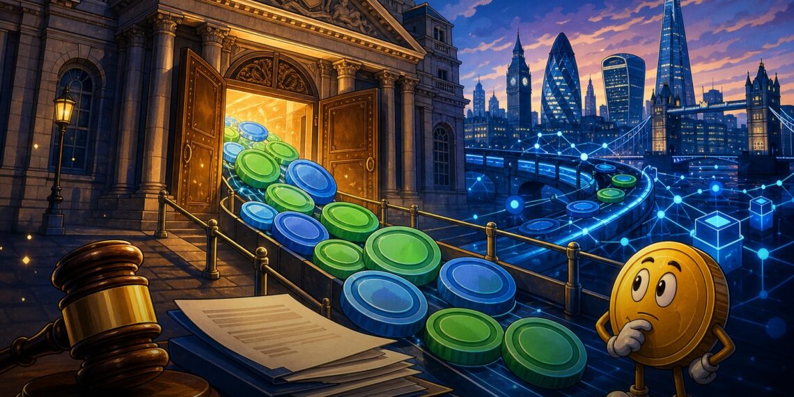Ilustração editorial sobre regras do Banco da Inglaterra para stablecoins sistêmicas