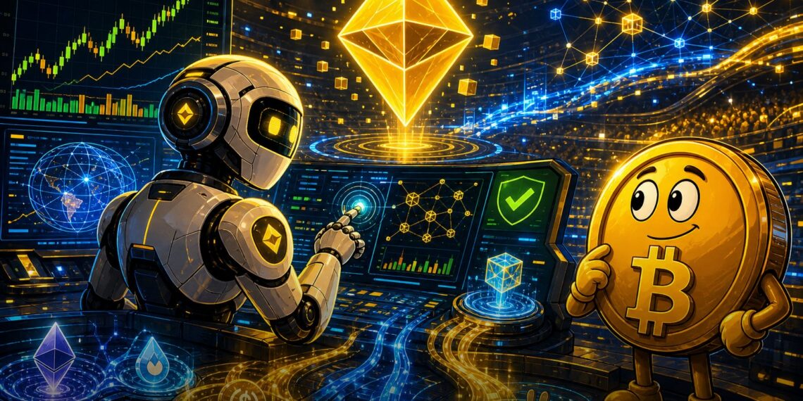 Ilustração editorial de agente de IA negociando cripto na BNB Chain