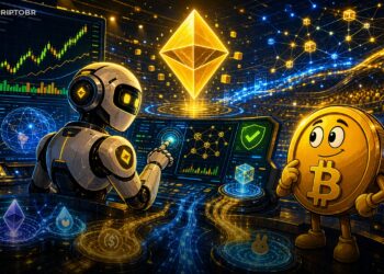 Ilustração editorial de agente de IA negociando cripto na BNB Chain