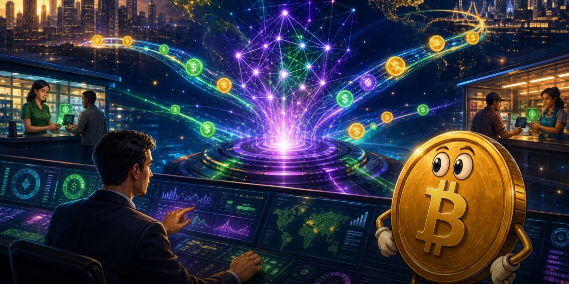 Ilustração editorial da MoneyGram operando trilhos de pagamentos com stablecoins na Solana