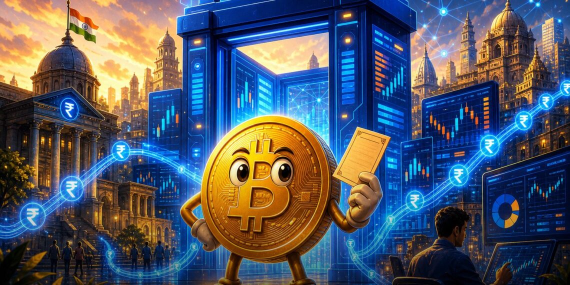 Ilustração editorial sobre Coinbase liberando depósitos em rúpias na Índia