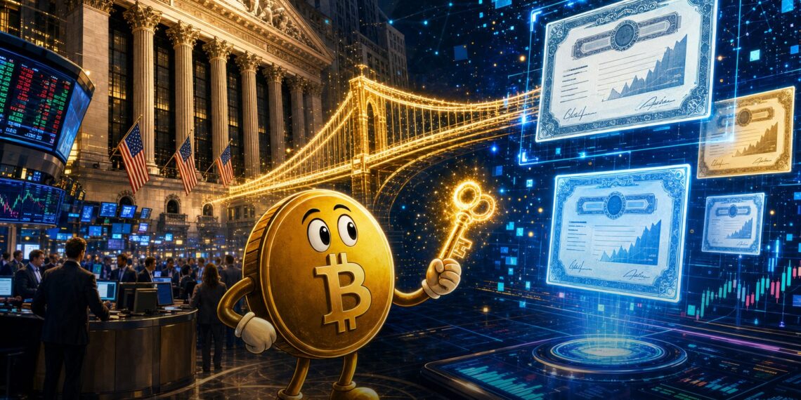 Ilustração editorial sobre OKX, ICE e NYSE conectando mercados tradicionais a ações tokenizadas