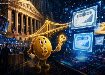 Ilustração editorial sobre OKX, ICE e NYSE conectando mercados tradicionais a ações tokenizadas