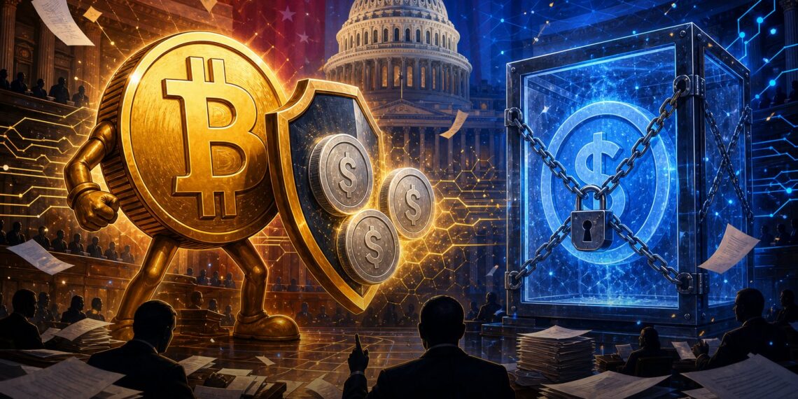 Ilustração sobre Senado dos EUA bloqueando dólar digital do Fed até 2030