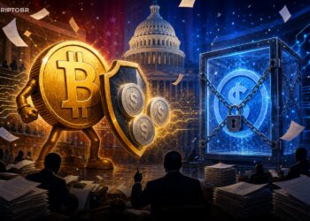 Ilustração sobre Senado dos EUA bloqueando dólar digital do Fed até 2030