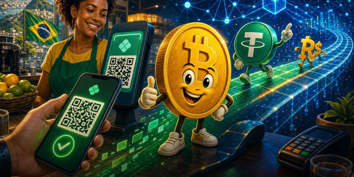 Banner editorial mostrando pagamentos Pix com cripto e USDT no Brasil pela Oobit