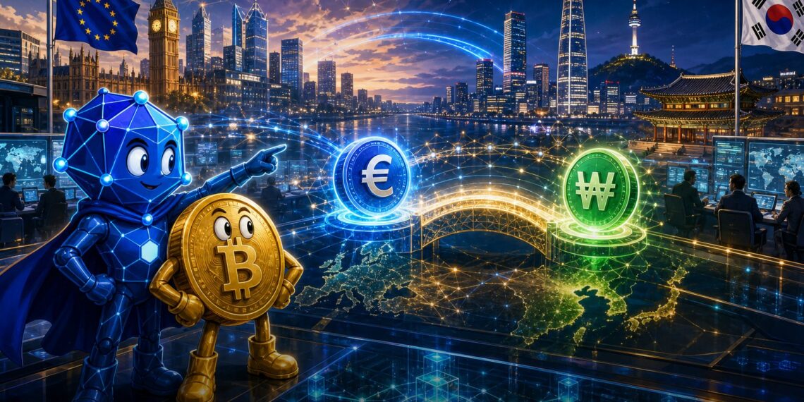 Ilustração editorial sobre Chainlink, bancos e liquidação cambial com stablecoins