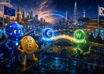 Ilustração editorial sobre Chainlink, bancos e liquidação cambial com stablecoins