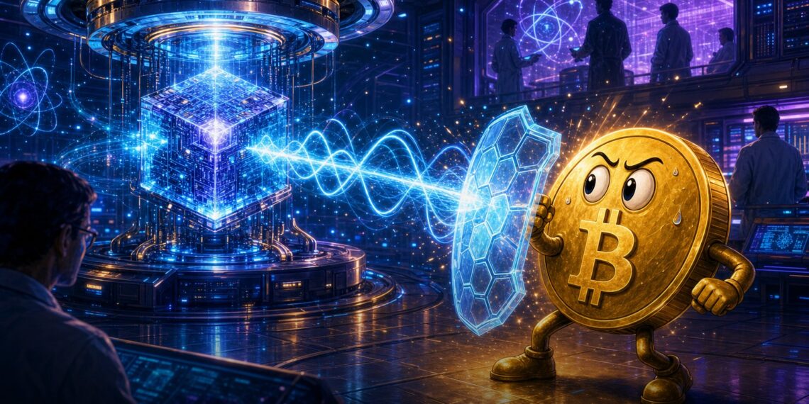 Ilustração editorial de chip quântico da Microsoft diante do mascote Bitcoin