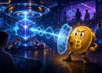 Ilustração editorial de chip quântico da Microsoft diante do mascote Bitcoin
