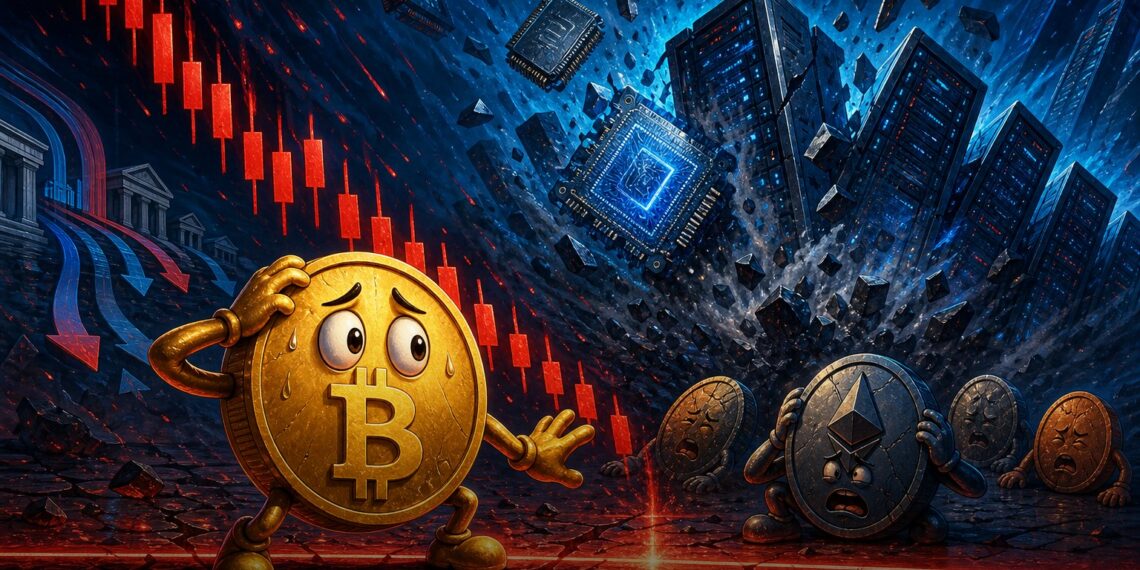 Mascote do Bitcoin pressionado por queda em ações de chips e gráficos de mercado em vermelho