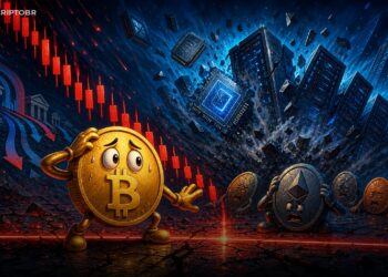 Mascote do Bitcoin pressionado por queda em ações de chips e gráficos de mercado em vermelho