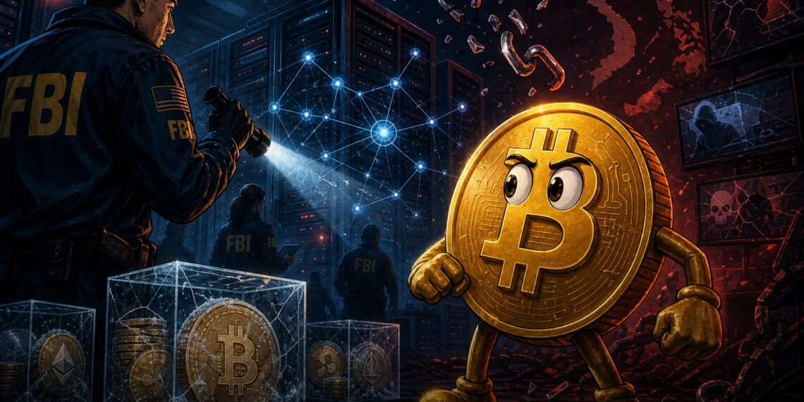 Ilustração sobre apreensão de infraestrutura da Huione ligada à lavagem cripto
