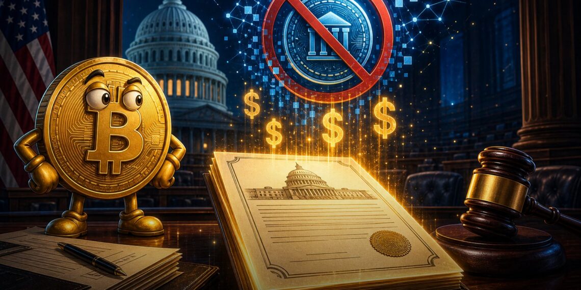 Ilustração editorial sobre impasse nos EUA envolvendo veto a CBDC e regulação cripto