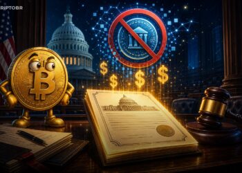 Ilustração editorial sobre impasse nos EUA envolvendo veto a CBDC e regulação cripto