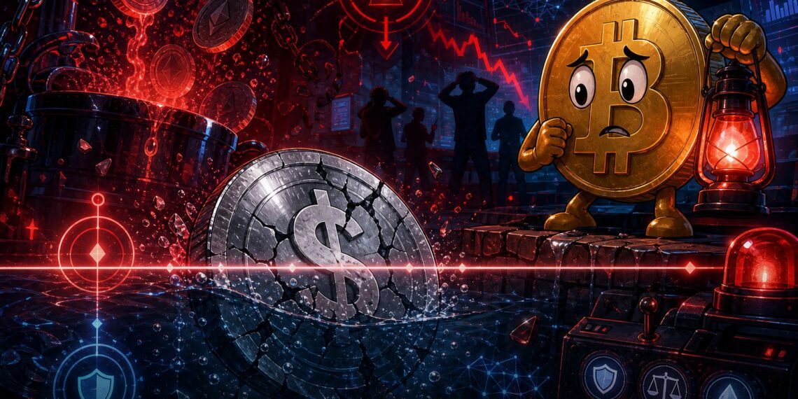 Ilustração editorial de uma stablecoin DeFi quebrada em meio a alerta de mercado, com mascote Bitcoin observando a crise.