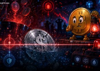 Ilustração editorial de uma stablecoin DeFi quebrada em meio a alerta de mercado, com mascote Bitcoin observando a crise.