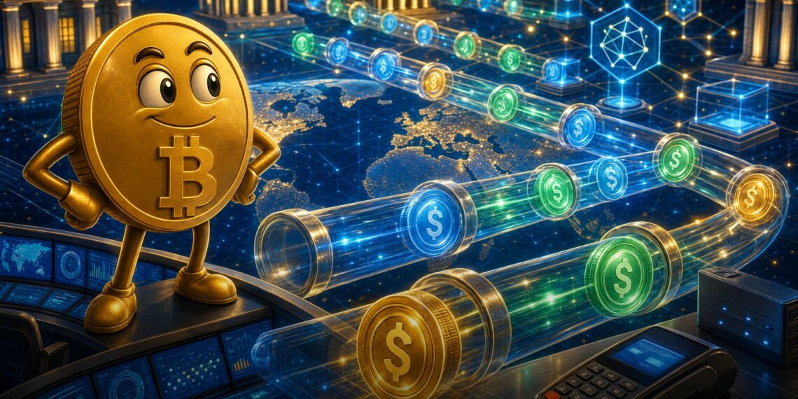Ilustração editorial sobre Mastercard, stablecoins e liquidação on-chain global