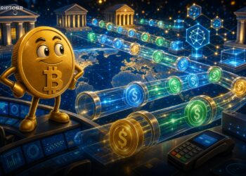 Ilustração editorial sobre Mastercard, stablecoins e liquidação on-chain global