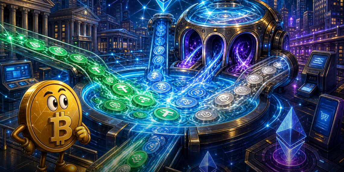Ilustração editorial de liquidez de stablecoins conectada à Uniswap v4
