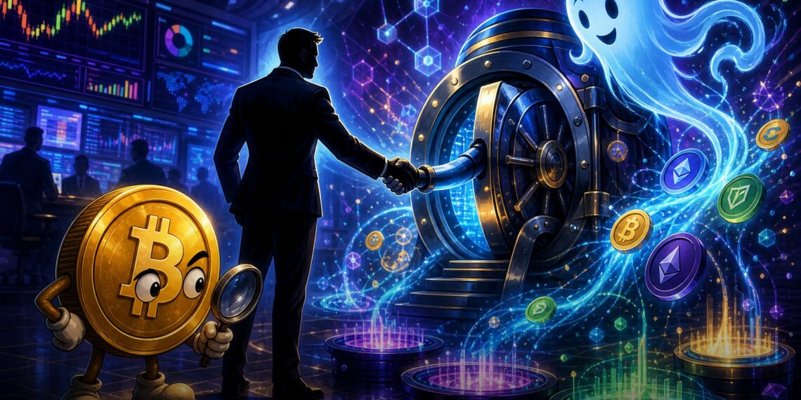 Ilustração editorial sobre Kraken negociando participação na Aave e expansão institucional em DeFi