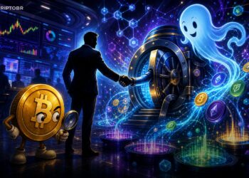 Ilustração editorial sobre Kraken negociando participação na Aave e expansão institucional em DeFi