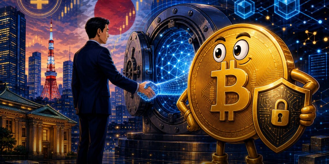 Ilustração editorial sobre a compra da Bitbank pela SBI no Japão