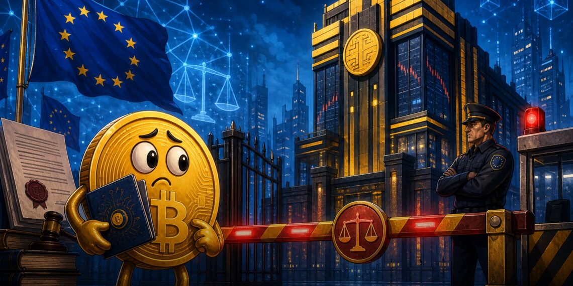 Ilustração editorial sobre Binance, MiCA e restrições de serviços cripto na União Europeia