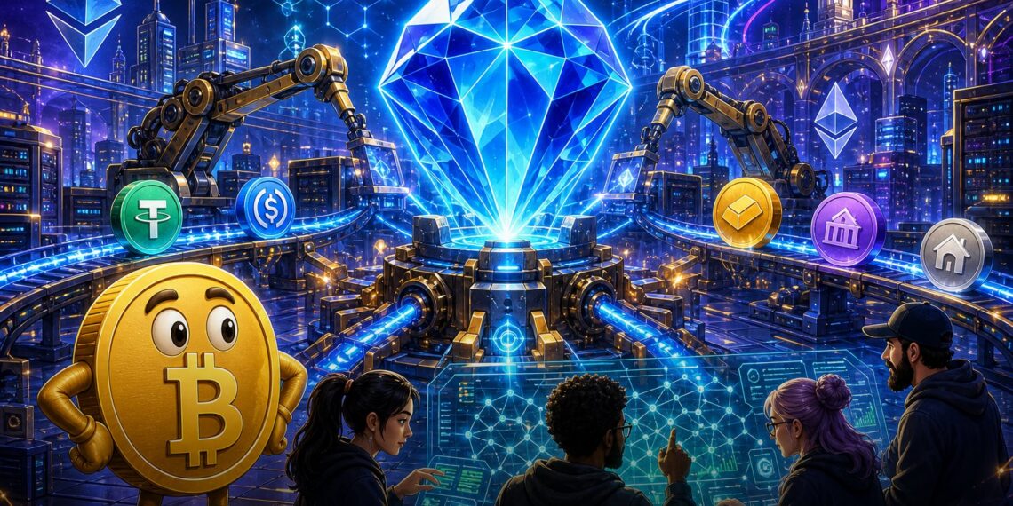 Ilustração editorial da atualização Beryl da Base com padrão B20 para tokens, stablecoins e RWAs