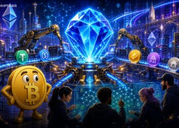 Ilustração editorial da atualização Beryl da Base com padrão B20 para tokens, stablecoins e RWAs