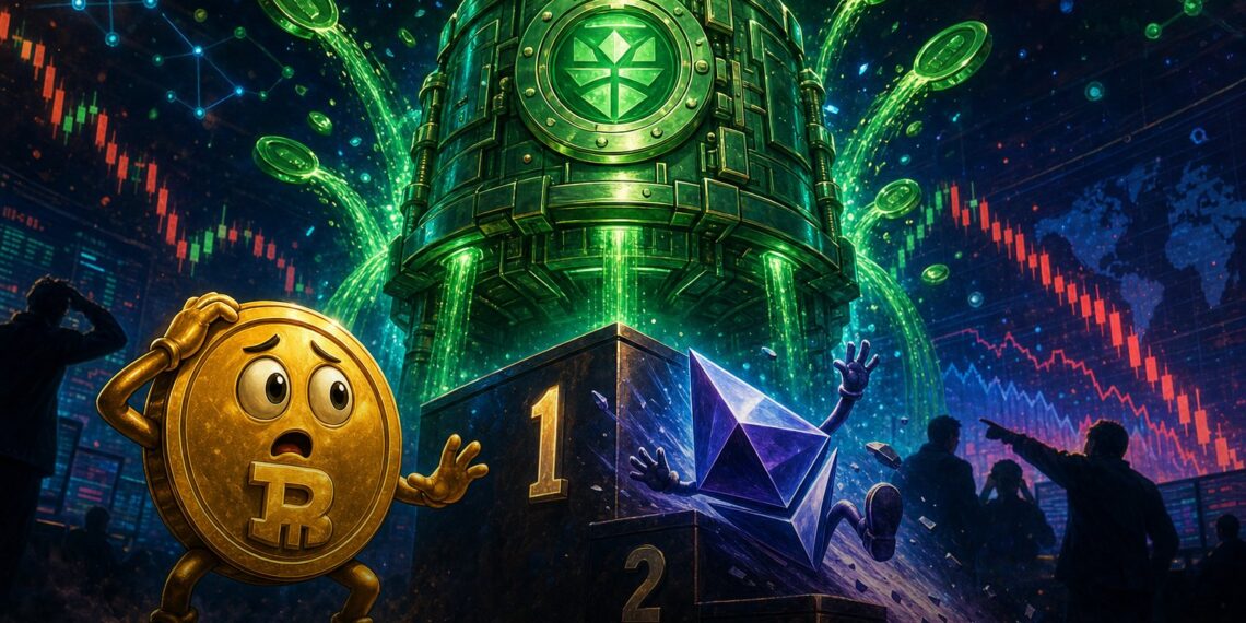 Ilustração editorial de USDT superando Ethereum em valor de mercado durante queda do mercado cripto