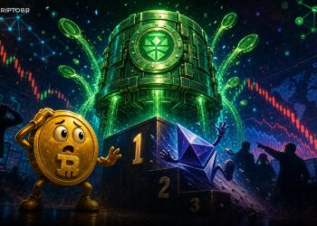 Ilustração editorial de USDT superando Ethereum em valor de mercado durante queda do mercado cripto
