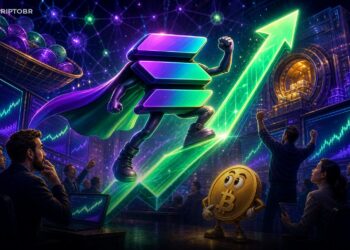 Ilustração editorial da Solana subindo com ações de tesouraria cripto
