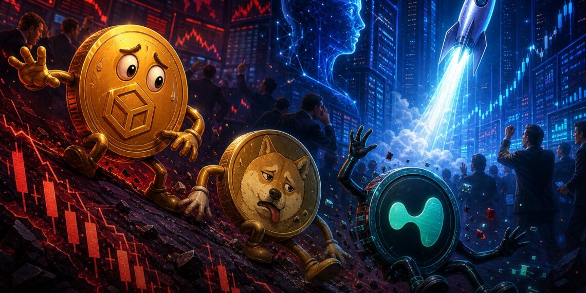 Ilustração editorial com Bitcoin, Dogecoin e HYPE em queda enquanto ações de IA atraem investidores