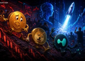Ilustração editorial com Bitcoin, Dogecoin e HYPE em queda enquanto ações de IA atraem investidores