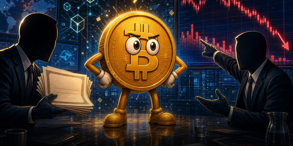 Mascote do Bitcoin em sala de mercado entre executivos e gráfico em queda, representando a pressão sobre a Strategy.