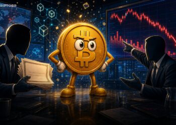 Mascote do Bitcoin em sala de mercado entre executivos e gráfico em queda, representando a pressão sobre a Strategy.