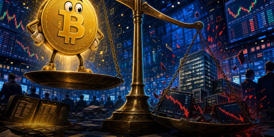 Ilustração editorial da Strategy valendo menos que sua reserva em Bitcoin