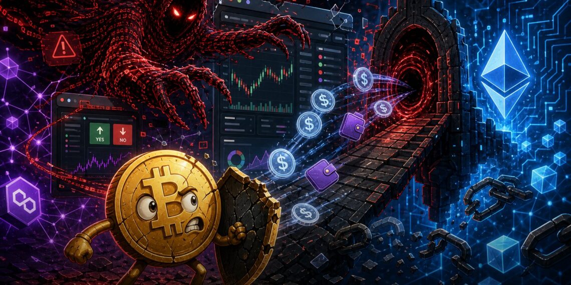 Ilustração editorial de ataque de frontend contra usuários da Polymarket com carteiras cripto e ponte entre redes