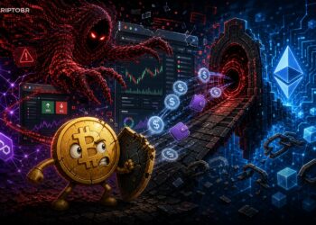 Ilustração editorial de ataque de frontend contra usuários da Polymarket com carteiras cripto e ponte entre redes