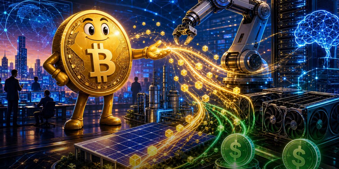 Ilustração editorial sobre Framework Ventures, blockchain, IA, robótica e stablecoins