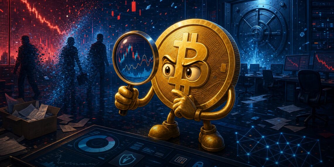 Ilustração sobre demissões na Robinhood e ciclo de baixa no mercado cripto