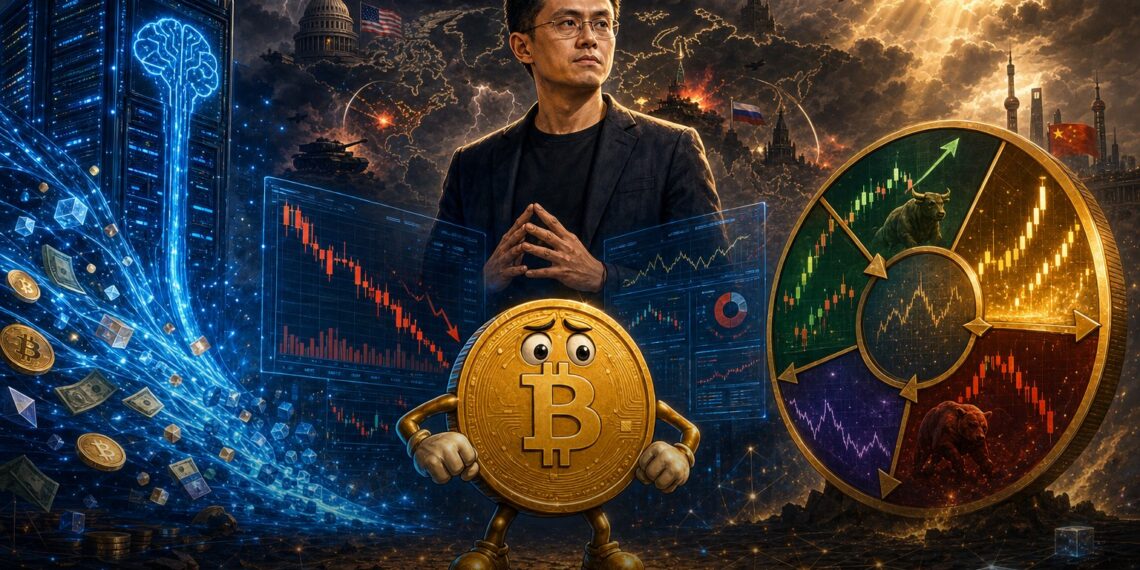 Ilustração editorial sobre CZ, IA e a queda do mercado cripto