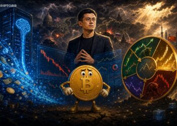 Ilustração editorial sobre CZ, IA e a queda do mercado cripto