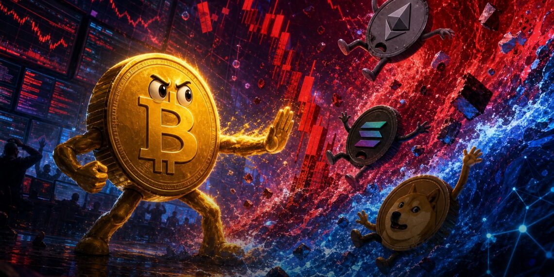 Ilustração de liquidações cripto com Bitcoin e mercado em queda