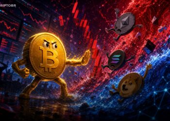 Ilustração de liquidações cripto com Bitcoin e mercado em queda