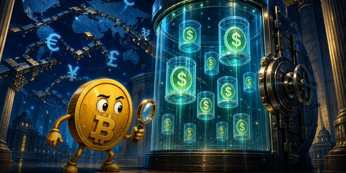 Ilustração editorial sobre alerta do BIS para stablecoins, dólar digital e risco cambial