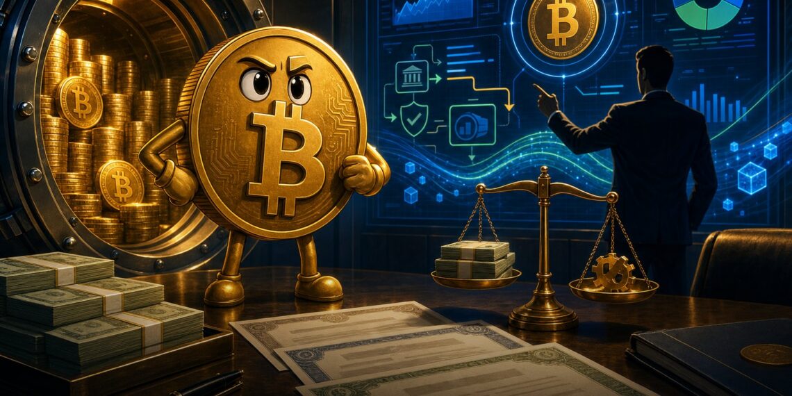 Mascote do Bitcoin em sala de tesouraria corporativa representando plano de recompra e liquidez da Strategy